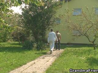 Bewitching shaved granny stiffed with two bones